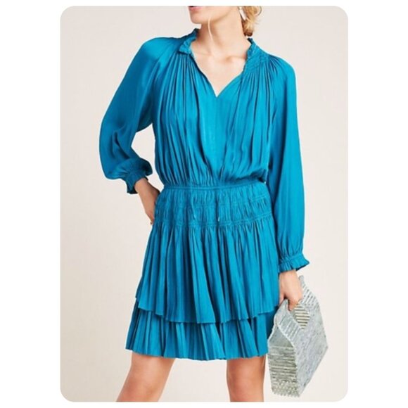 Anthropologie Dresses & Skirts - * Anthropologie Current Air Teal Satin Samantha Smocked Long Sleeve Mini Dress